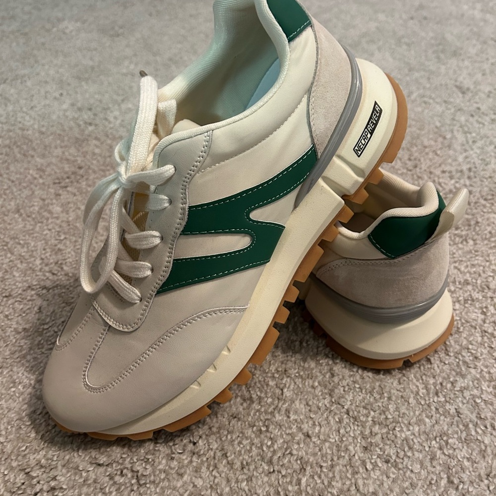 Off White and Green Retro Sneakers